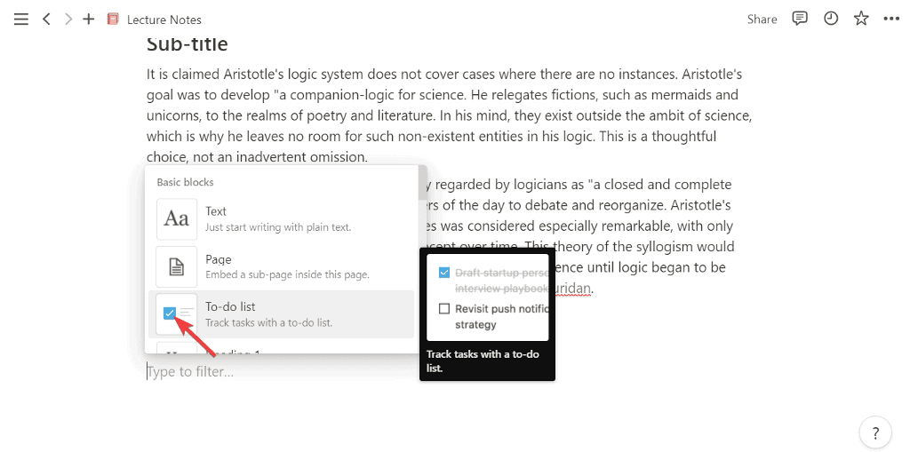 click on to do list option in notion