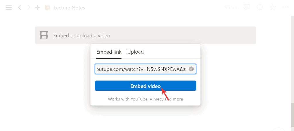embed video paste link in the box notion