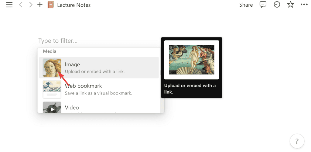 select image option in notion