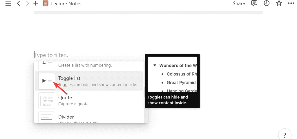 select toggle option in notion